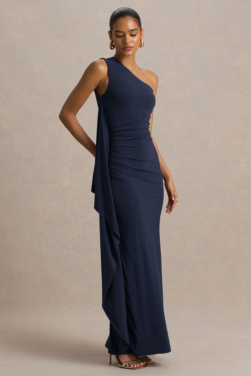Adelina Navy One-Shoulder Maxi Dress With Drape – Club L London