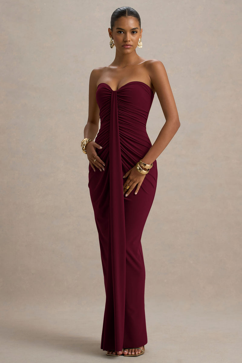 open lace back dress Ali | Burgundy Sweetheart Ruched Wrap Maxi Dress