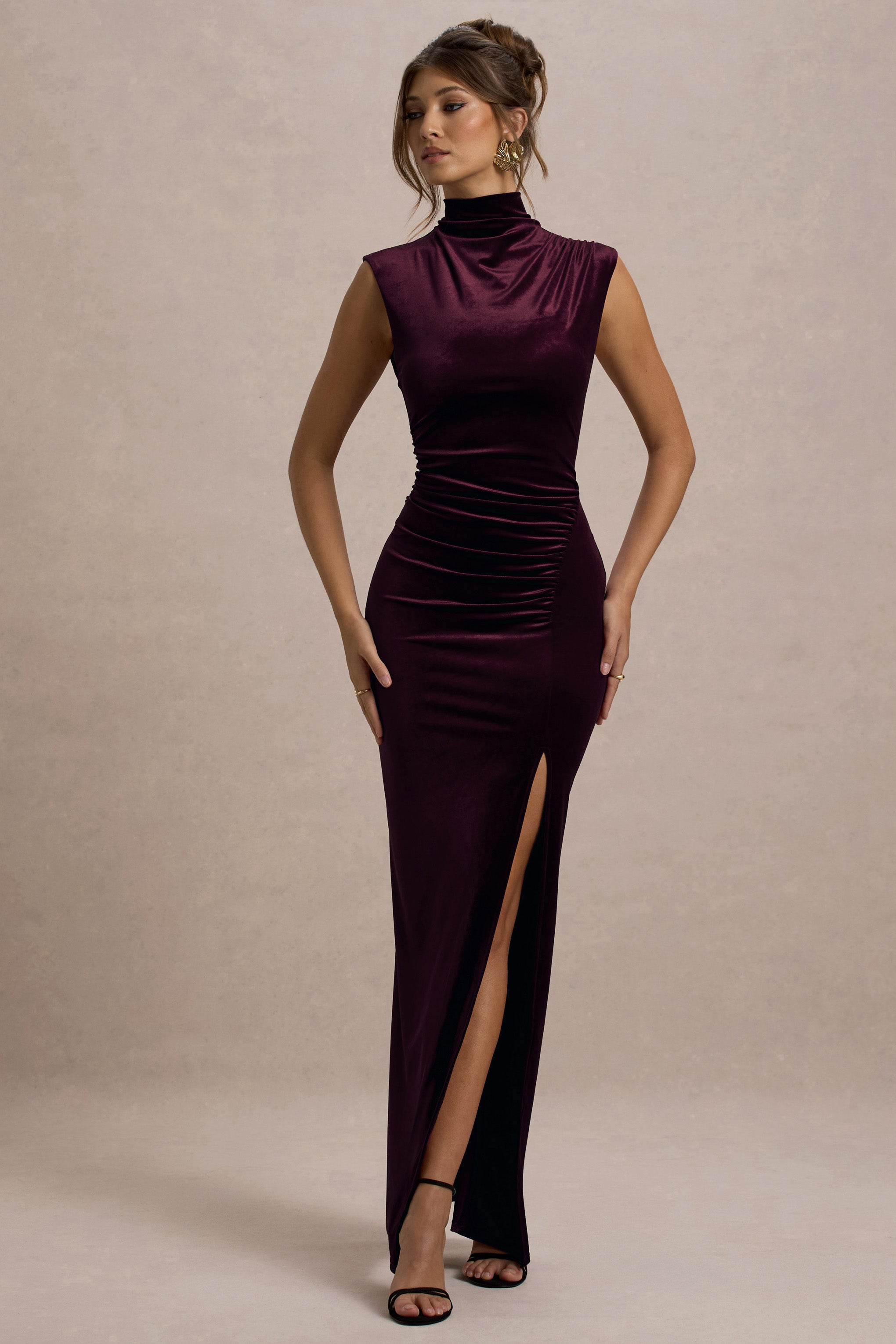 Abilene | Port Velvet High-Neck Split Maxi Dress – Club L London