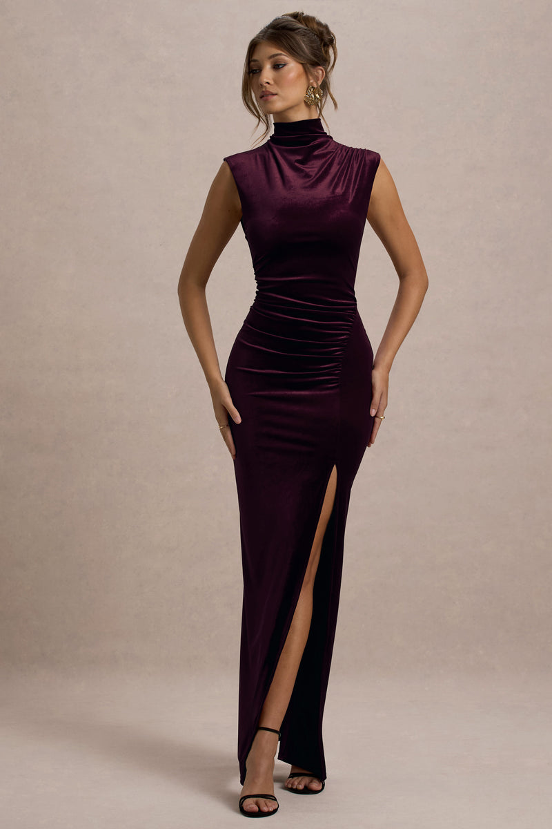 Abilene | PORT Velvet High-Neck Split Maxi Dress - UK 16 PORT