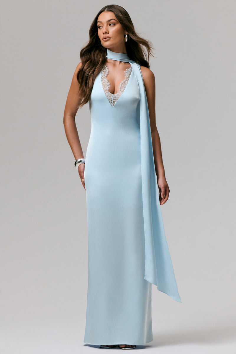 True Icon Powder Blue Satin V-Neck Maxi Slip Dress With Sash