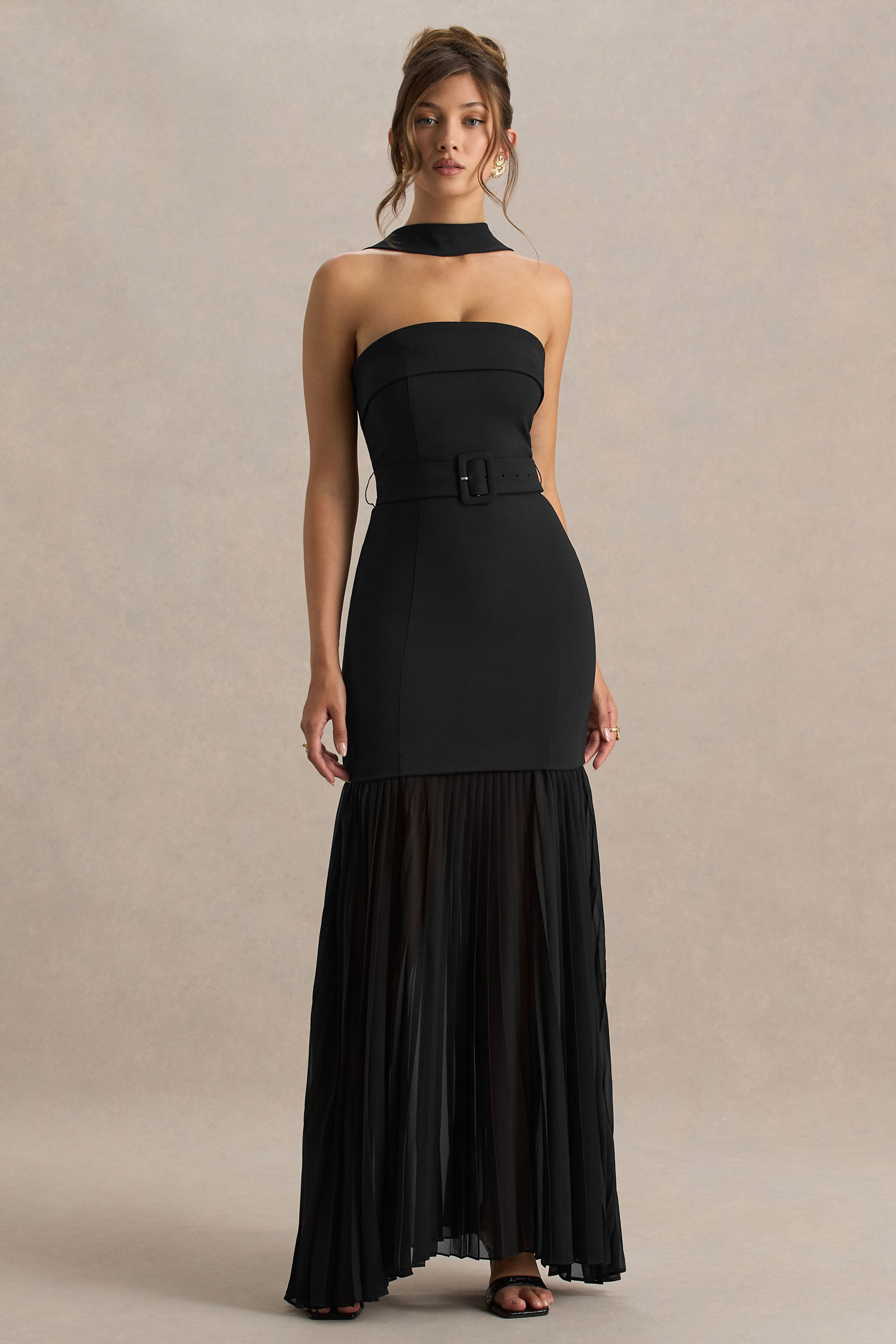 black bandeau contrast chiffon pleated maxi dress Women's Black Bandeau Contrast Chiffon Pleated Maxi Dress
