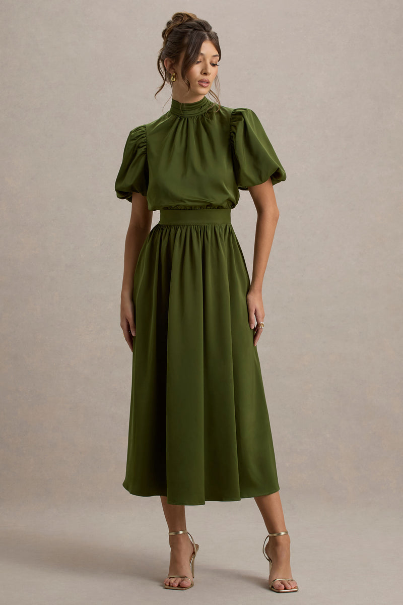 DVF ワンピース Ruffled midi dress798725 Persea Olive Satin Puff-Sleeve Midi Dress With Bow – Club L