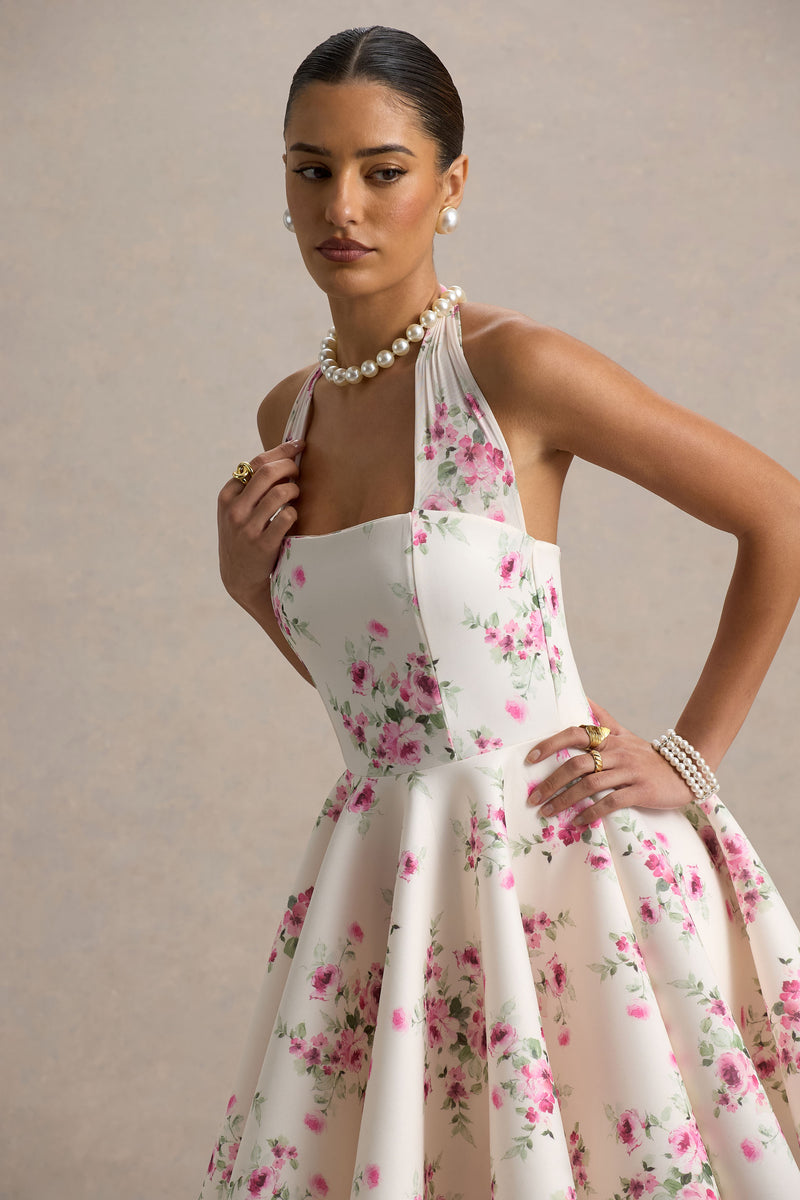 Peggy Cream and Pink Halter-Neck Skater Mini Dress – Club L