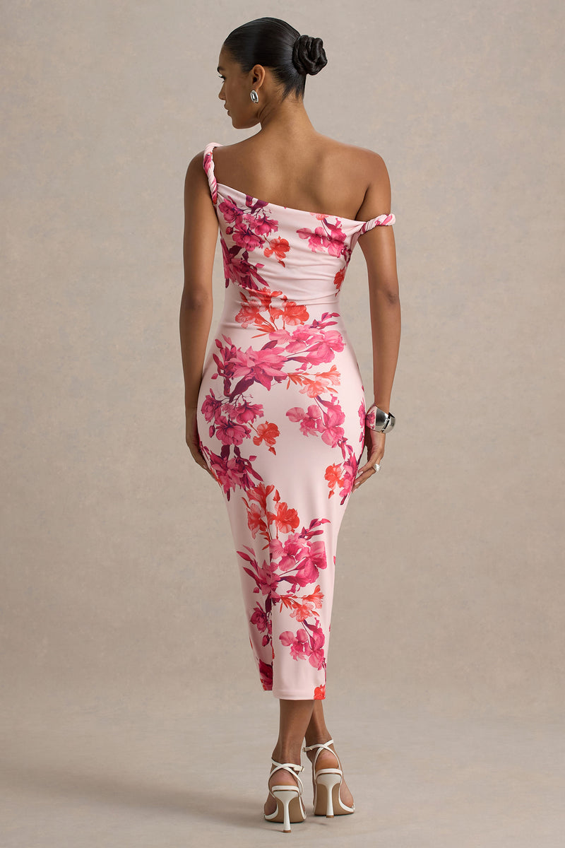 Tatian | PINK AND Orange Floral Print Twisted Asymmetric Midi Dress