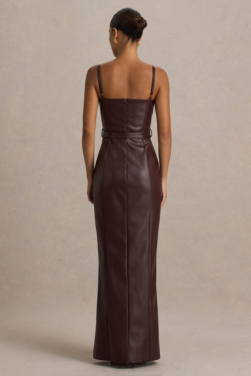 Lila Burgundy Faux Leather Plunge-Neck Maxi Dress With Split – Club L  London