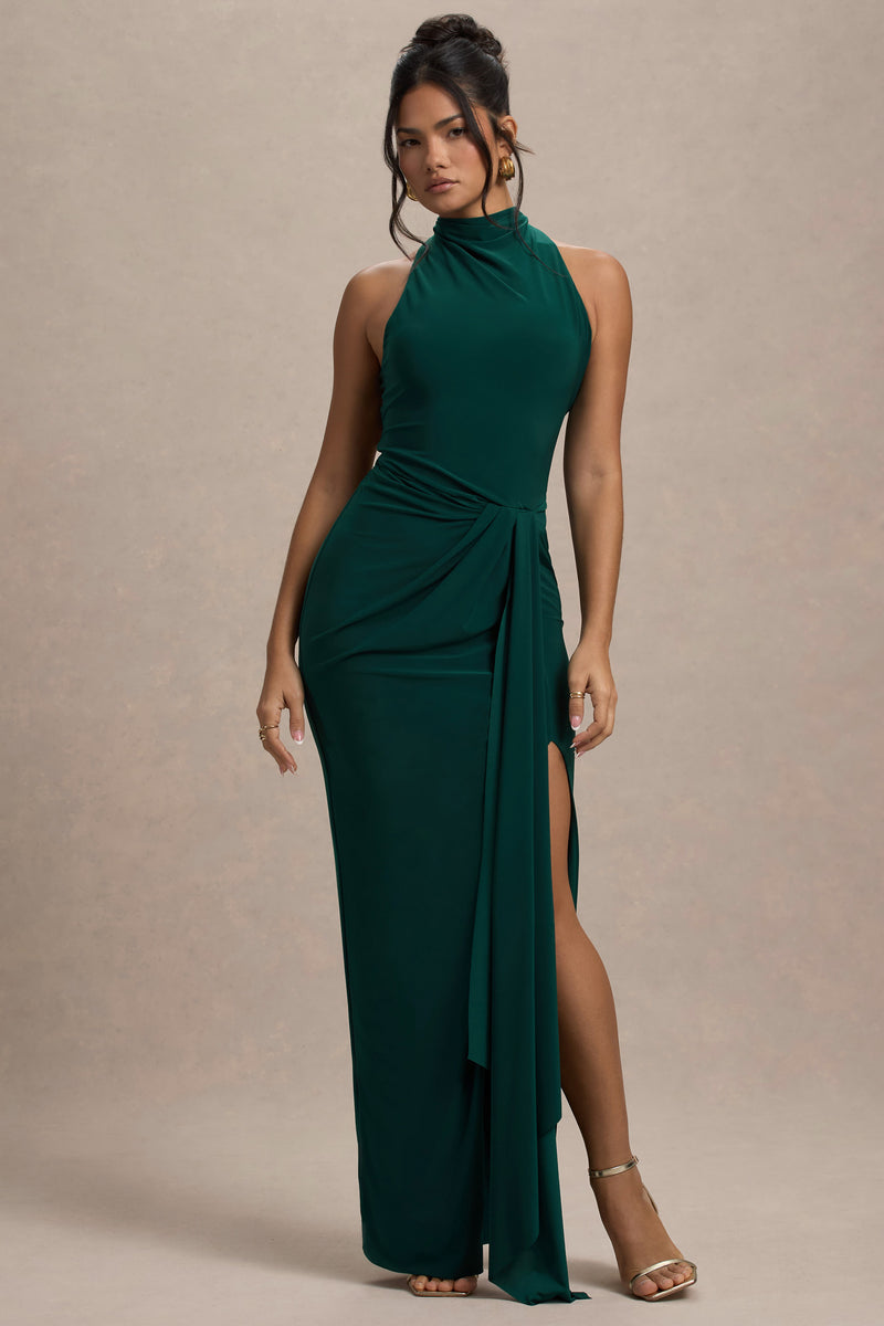 Khari | Bottle Green High-Neck Twisted Maxi Dress With Drape Khari | Bottle Green High-Neck Twisted Maxi Dress With Drape