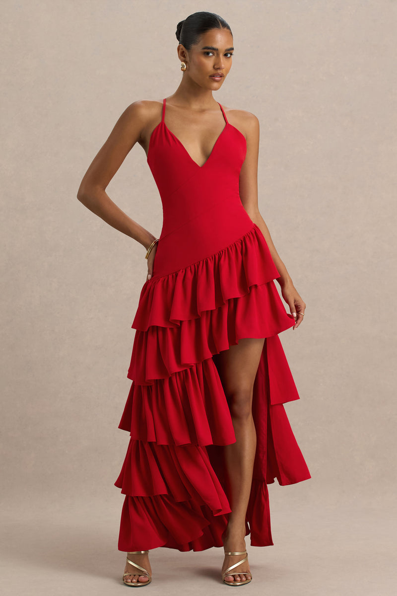 charter club maxi dresses Bogota | RED Plunge-Neck Maxi Dress With Ruffling Details And Front High Split