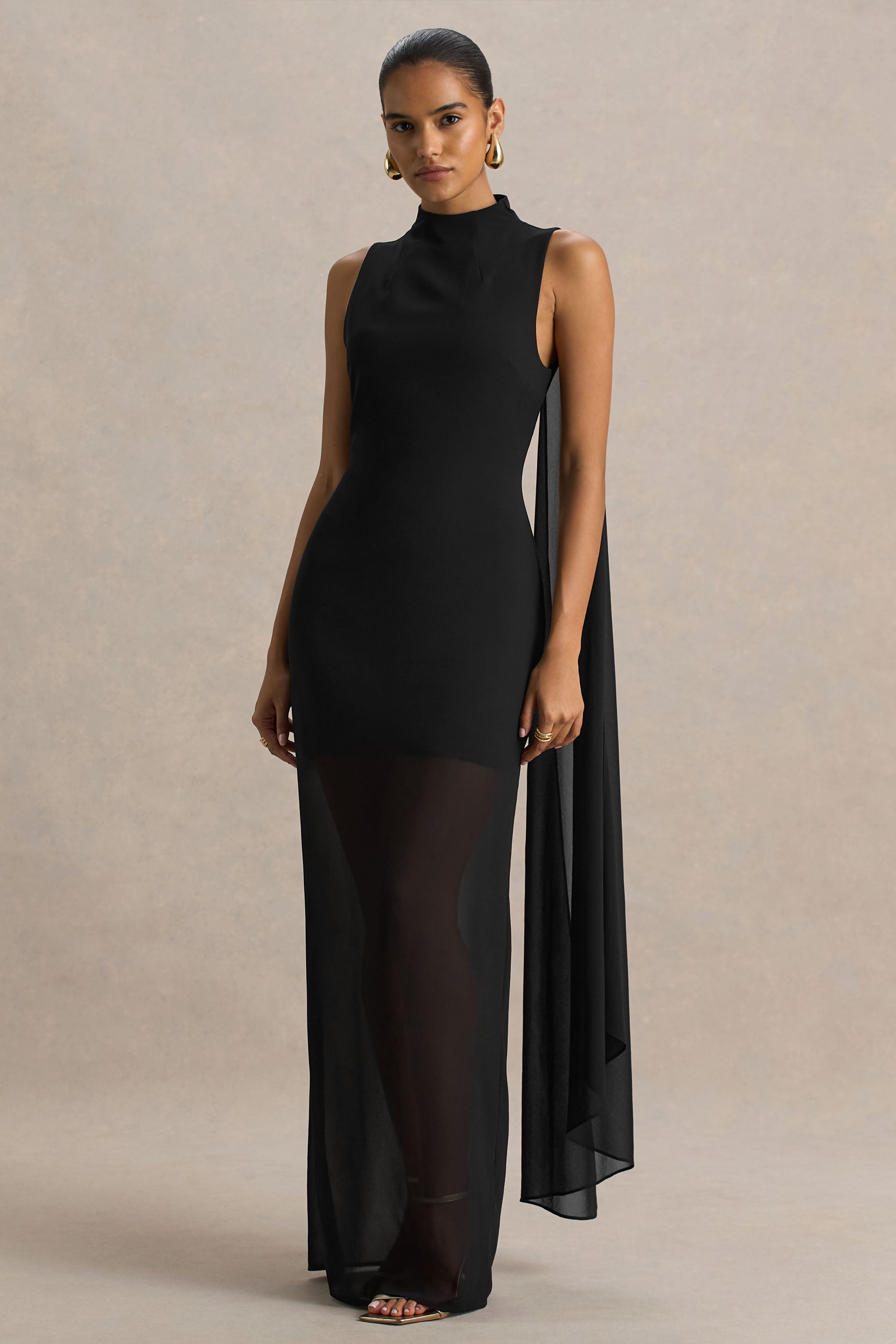 black cross back high neck maxi dress Halter Cross-Back & Slit Own your aesthetic with the petite black satin cross over drape back maxi dress Baran Criss Cross Neckline Maxi