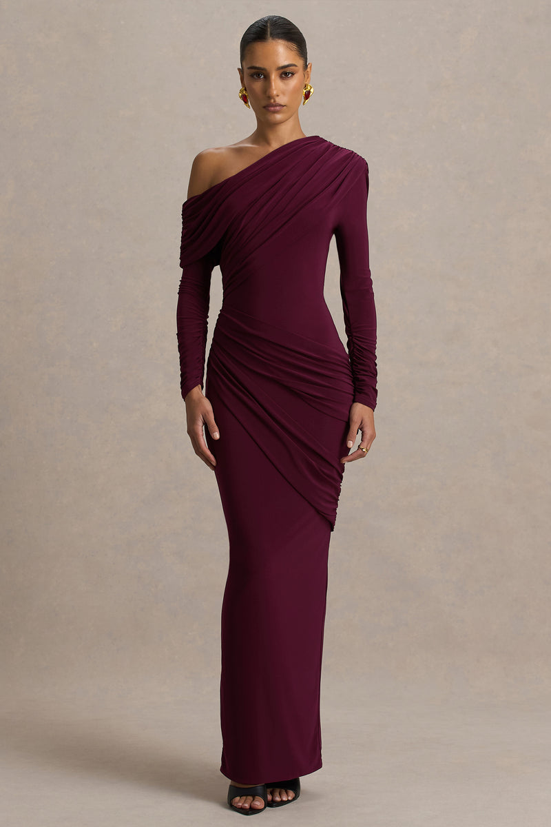 Asymmetric Lace Maxi Dress Burgundy