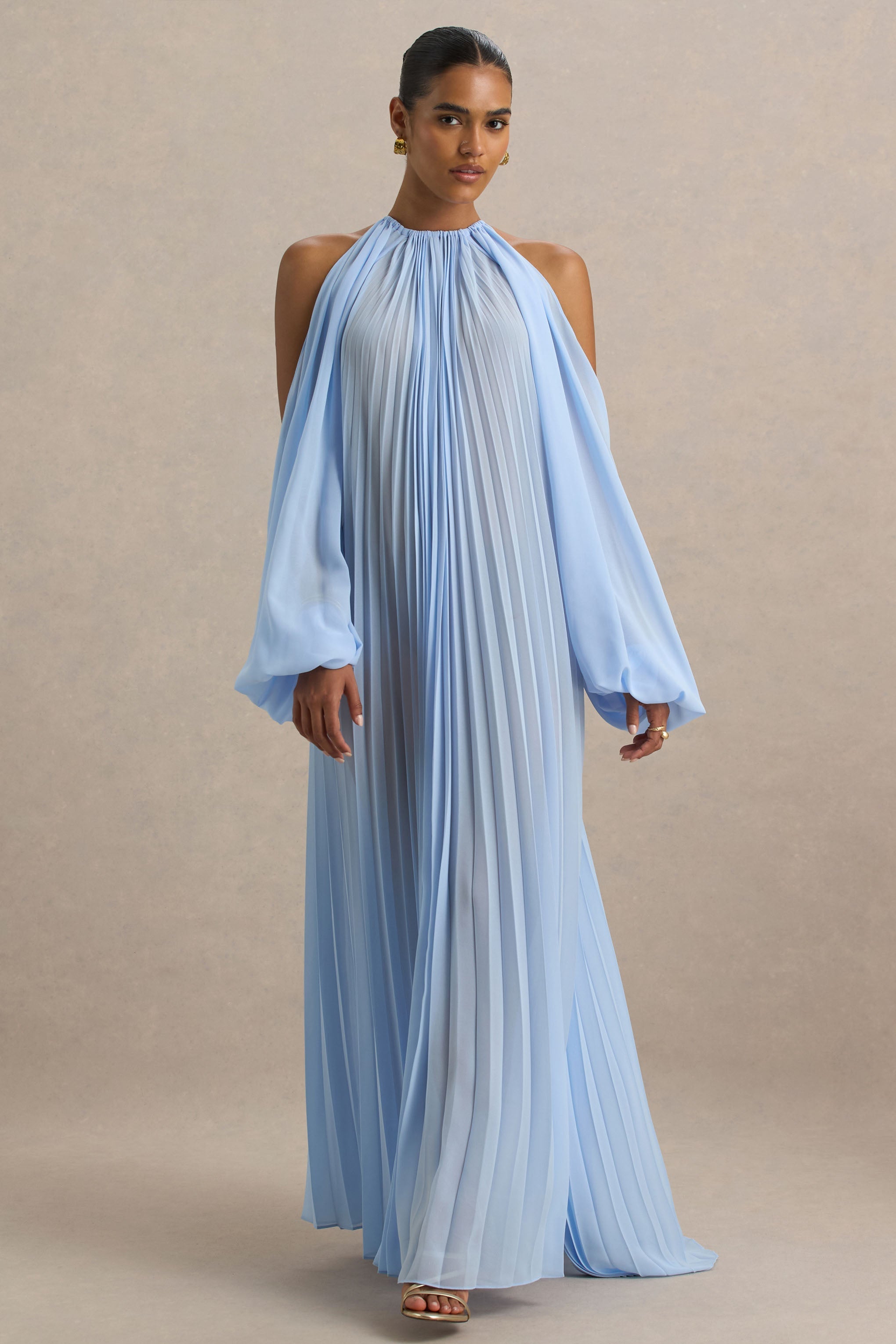 Reyna | Powder BLUE Pleated Chiffon Cold-Shoulder Maxi Dress