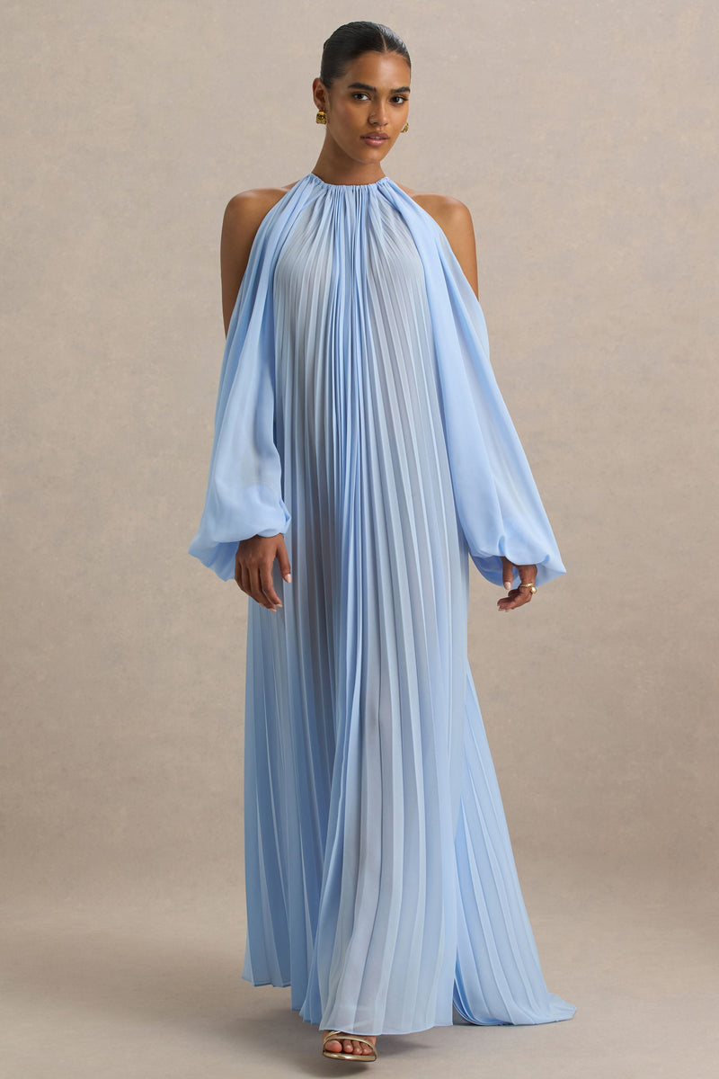 florentine blue maxi dress Reyna | Powder BLUE Pleated Chiffon Cold-Shoulder Maxi Dress
