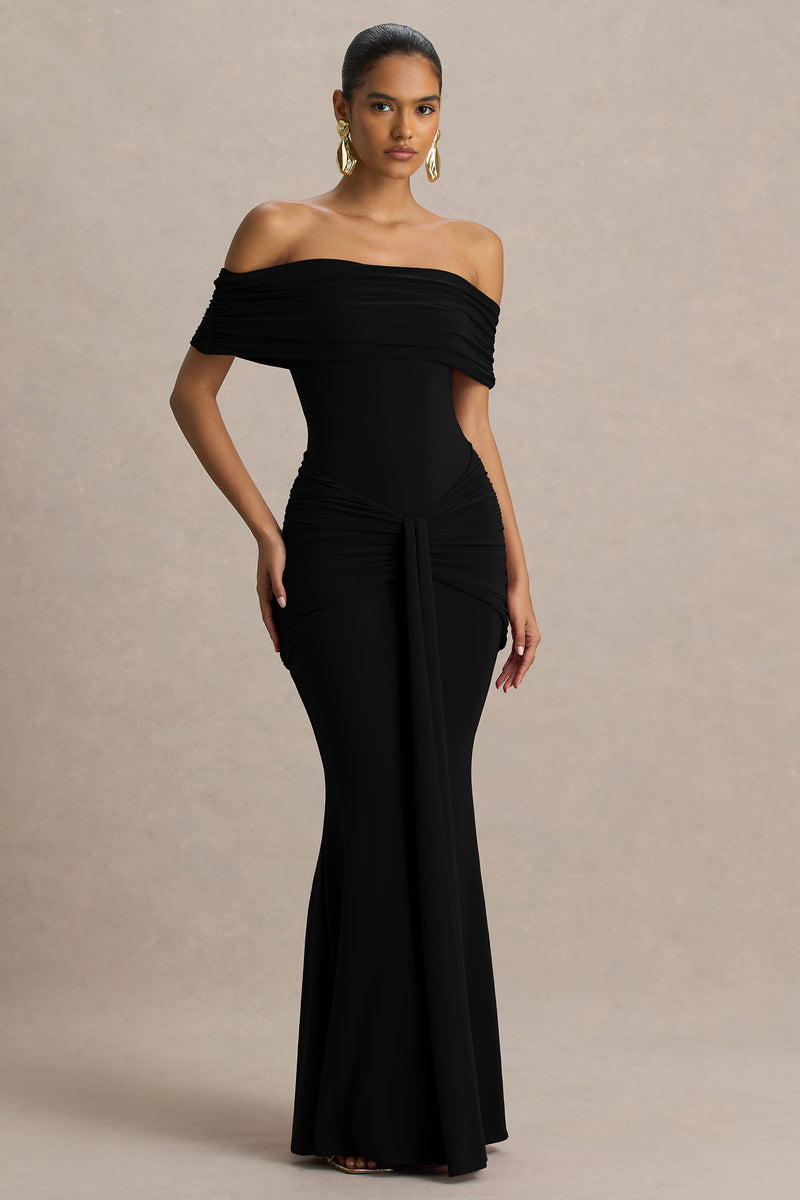 Octavia | Black Bardot-Neck Maxi Dress With Cape And Ruched Detailing main image 1