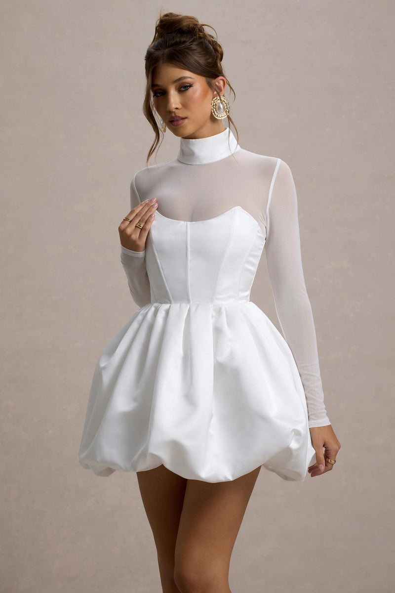 Tinkerbell White Satin Long-Sleeve Puffball Mini Dress – Club L