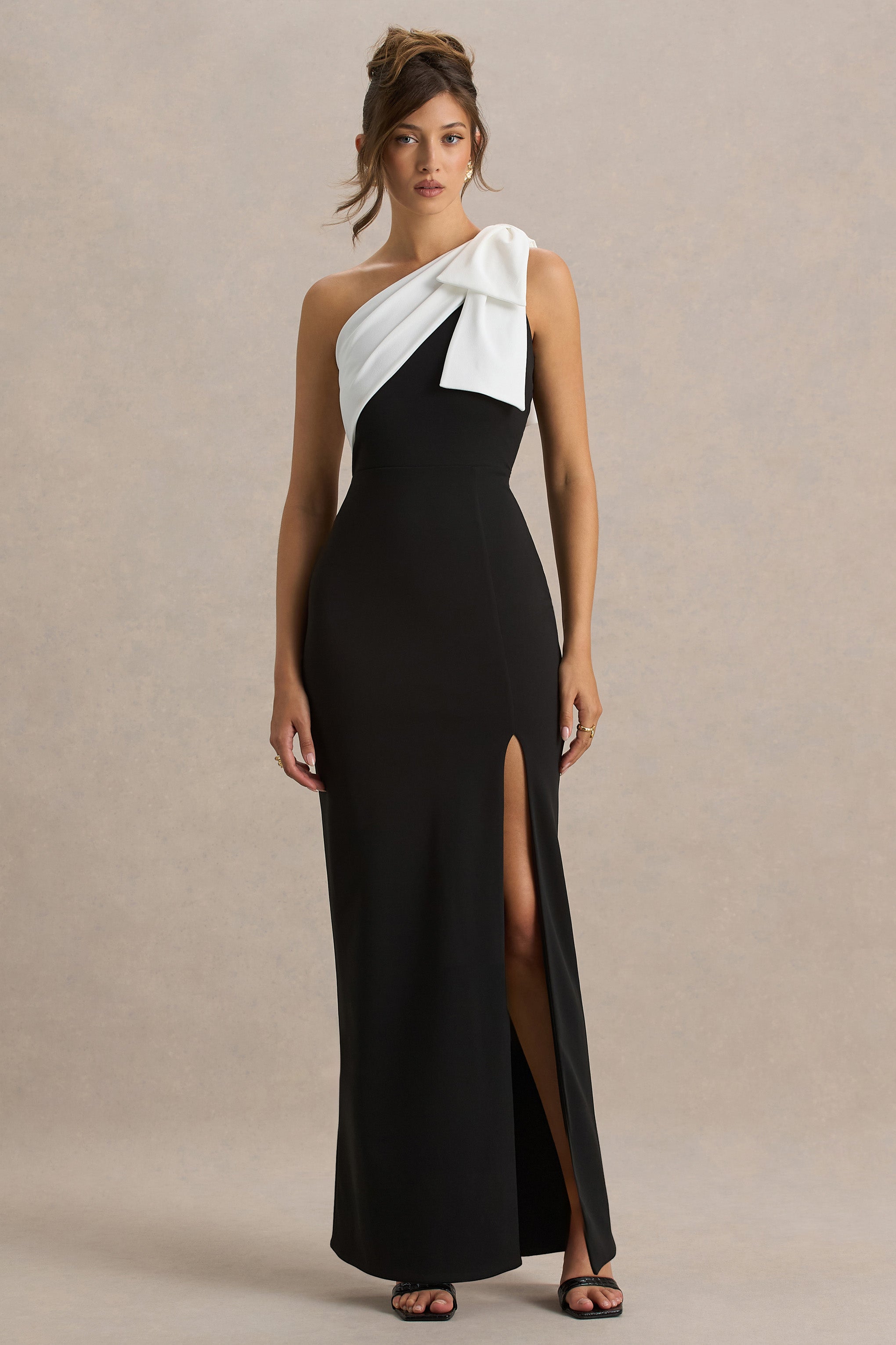Kiri | Black & White One-Shoulder Bow Maxi Dress – Club L London - USA