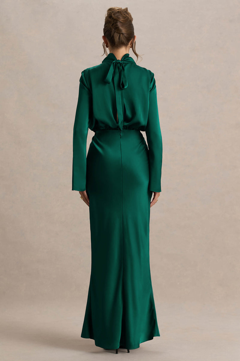 Celina Bottle Green Satin High-Neck Maxi Dress – Club L London