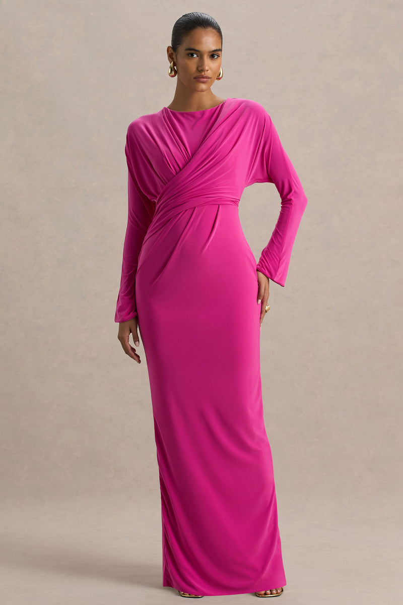 Regina | Hot Pink High-Neck Draped Wrap Maxi Dress US 8 / very berry