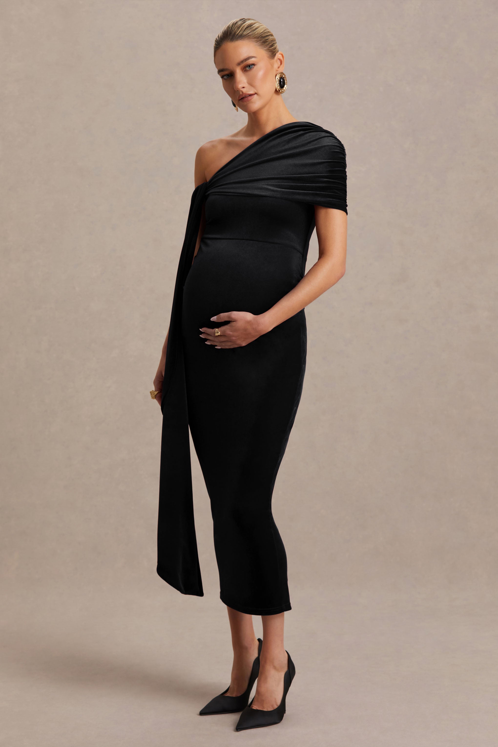 Zena | Black Velvet Asymmetric-Neck Maternity Midi Dress With Knot