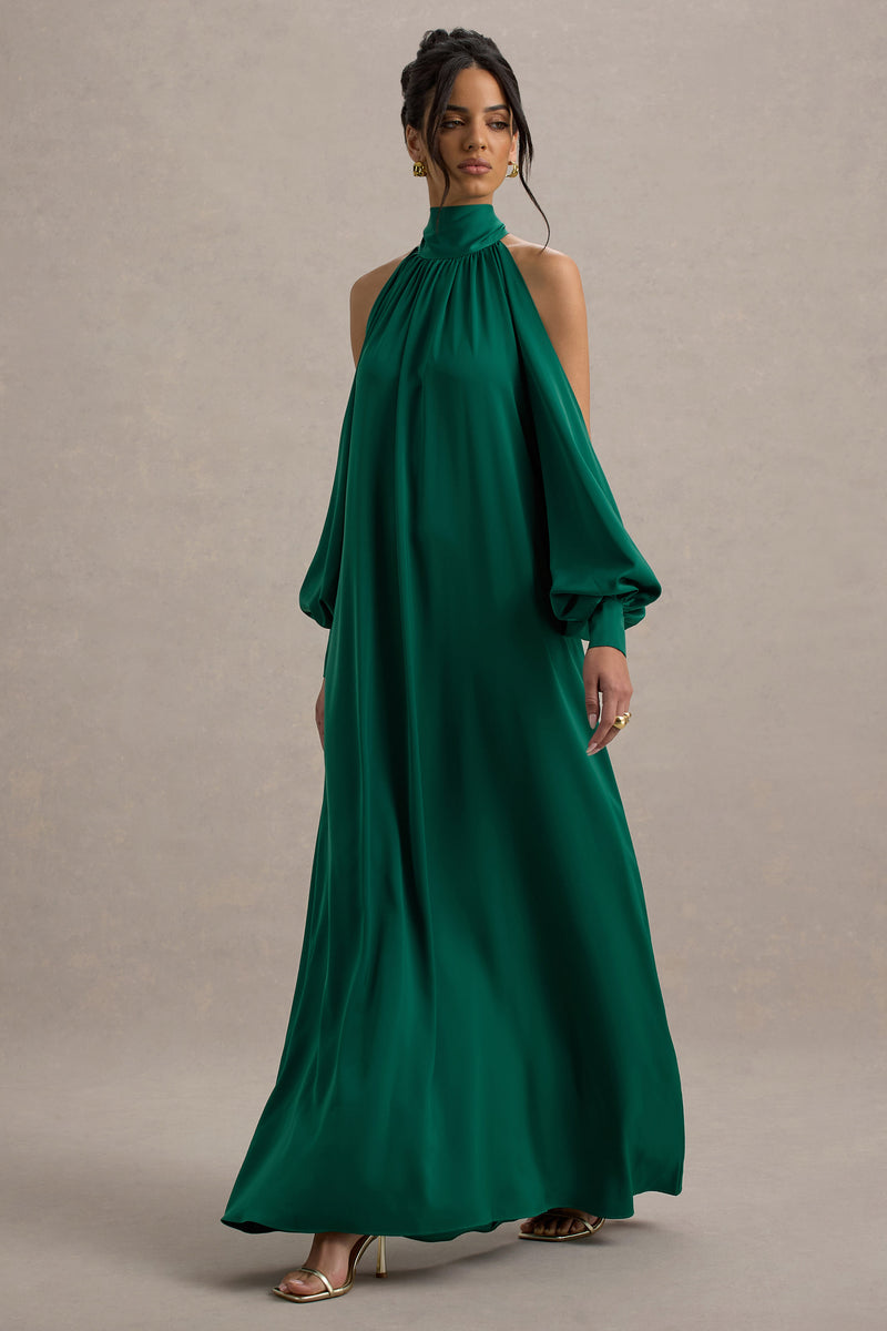 Baila Bottle Green Satin High-Neck Cape-Sleeve Maxi Dress – Club L