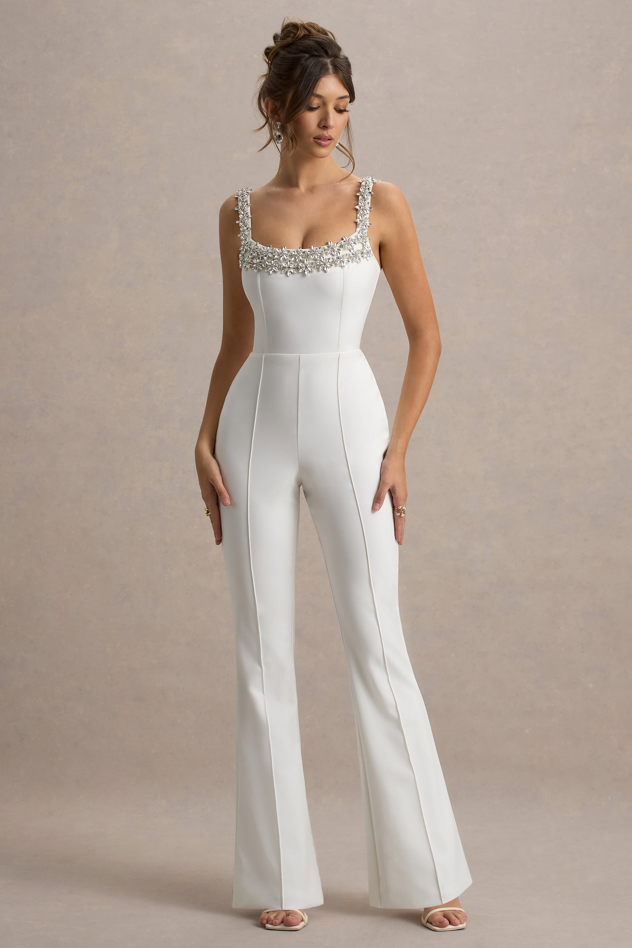 Amadi | White Embellished Strappy Flared-Leg Jumpsuit – Club L