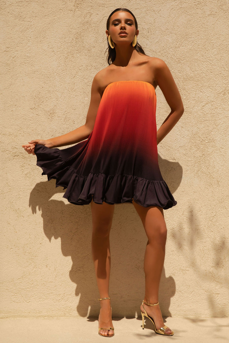 Tropical | Orange Ombre Satin Mini Dress With Ruffle Hem - UK 16 Orange Ombre Tropical | Orange Ombre Satin Mini Dress With Ruffle Hem - UK 16 Orange Ombre