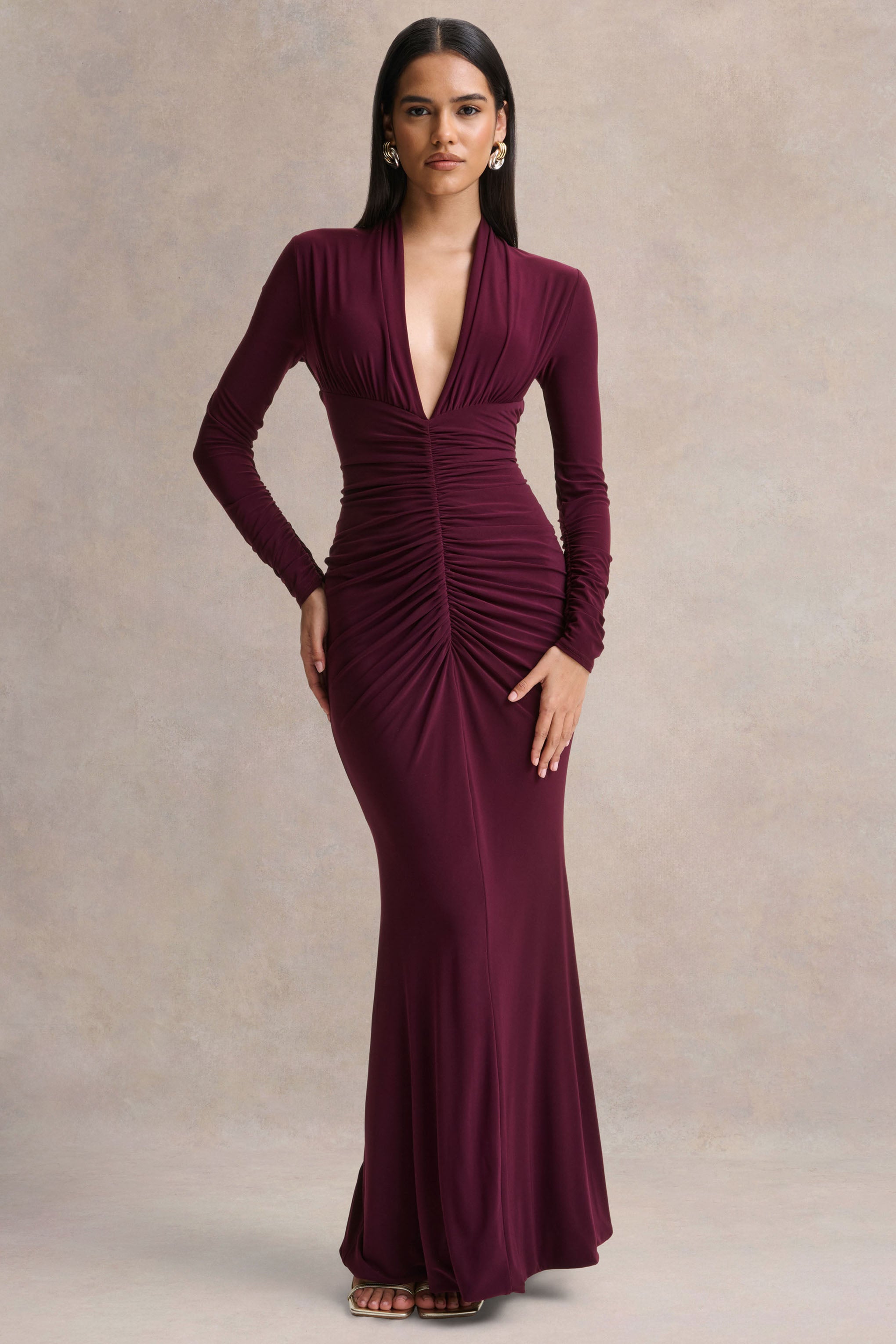 plum long sleeve dress Azazie Norah High neckline Reid | Plum Long-Sleeve Gathered