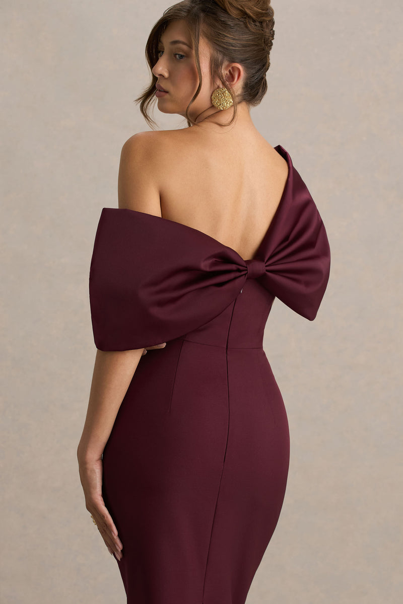 Lucille | Red Asymmetric Bardot Midi Dress With Bow Detail
