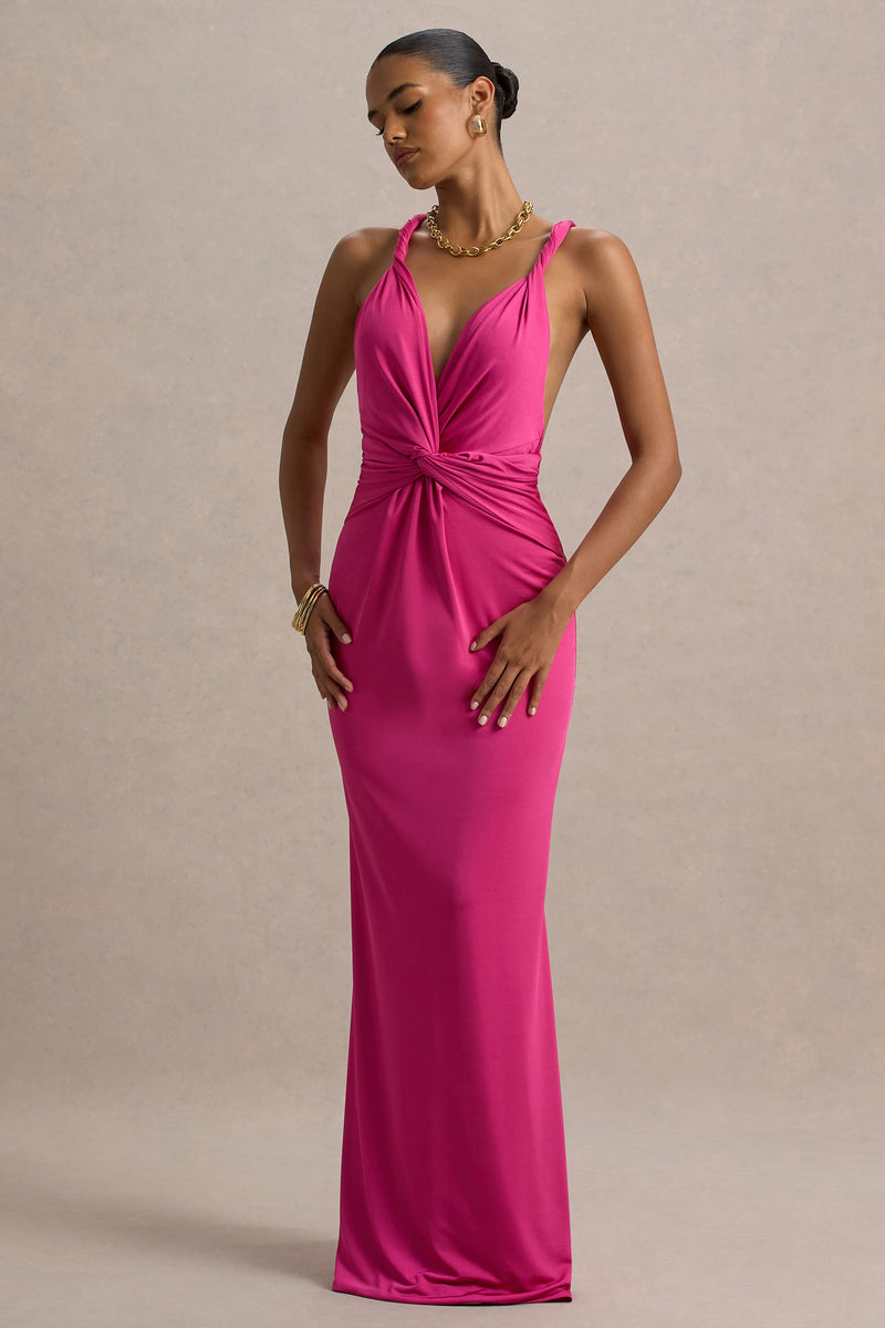 Santez Hot Pink Twisted Plunge-Neck Maxi Dress – Club L