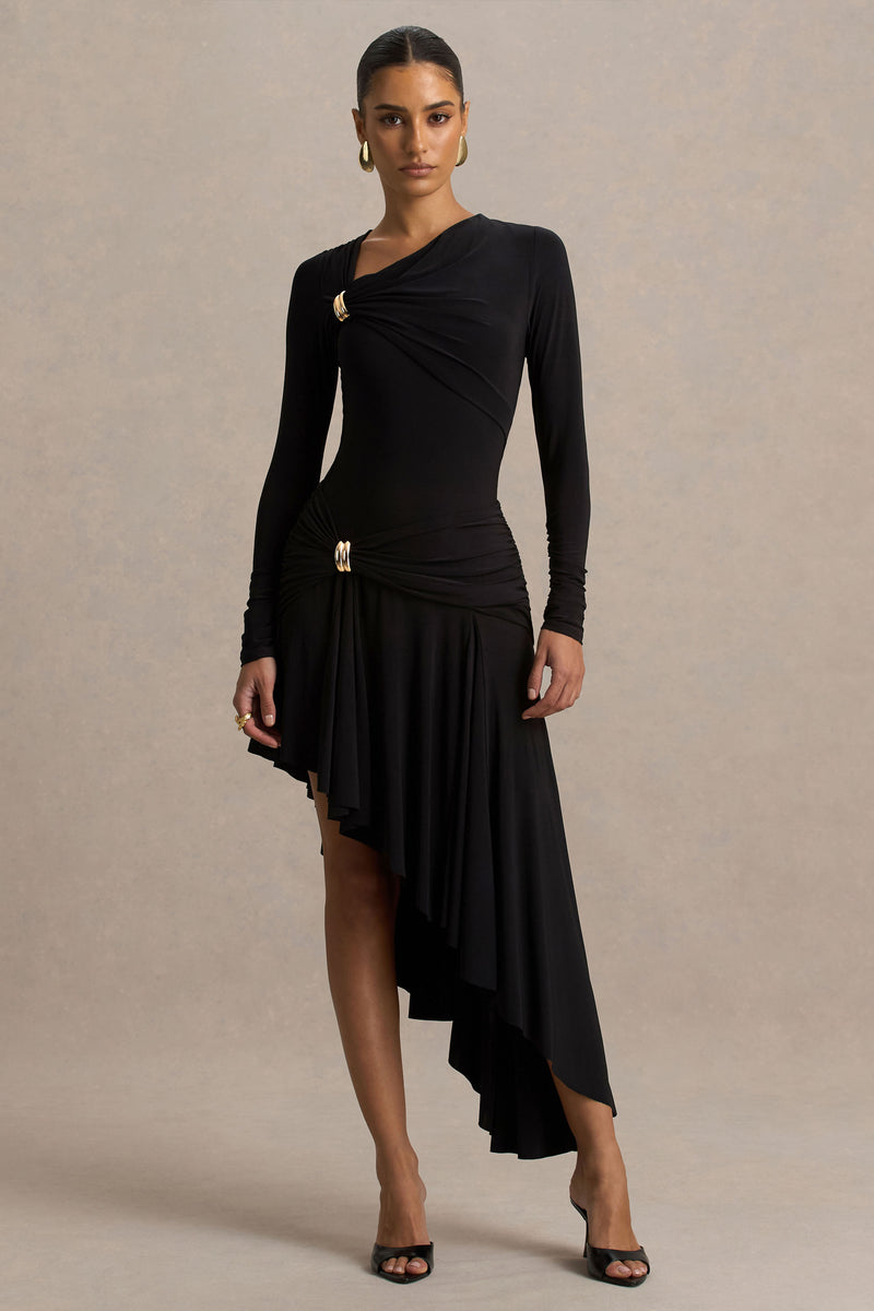 Alexia | Black Asymmetric-Neck Maxi Dress with Gold-Details - UK 12 Black Alexia | Black Asymmetric-Neck Maxi Dress with Gold-Details - UK 12 Black
