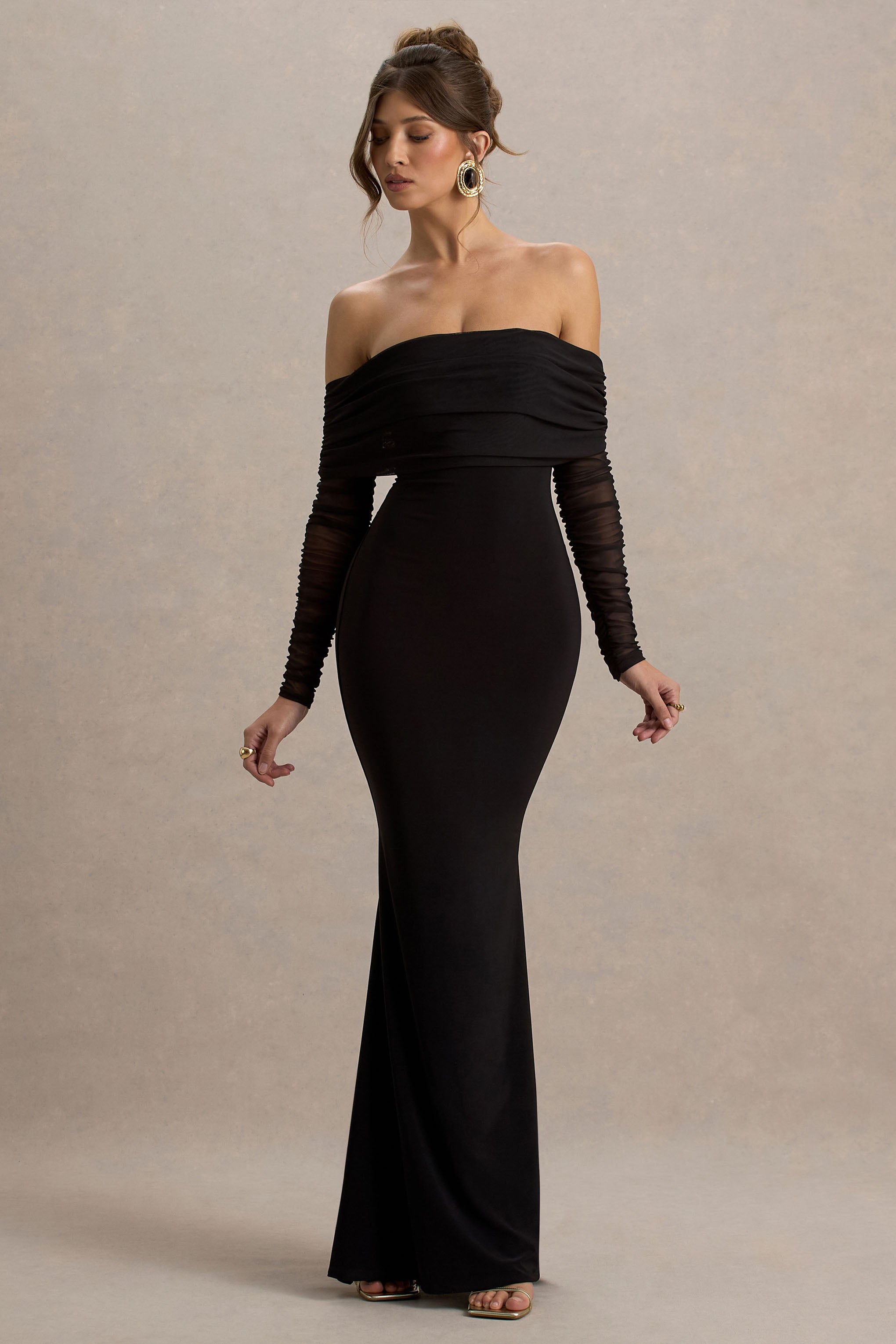 bridesmaid navy bardot lace insert fishtail maxi dress Madeleine | Black Fishtail Maxi Dress With Bardot Mesh Long Sleeves