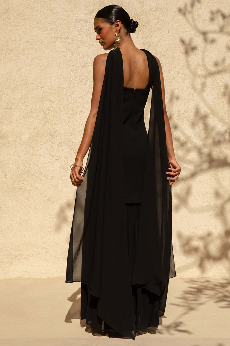black chiffon maxi dress Kylie Black High-Neck Maxi Dress With Chiffon Skirt – Club L London