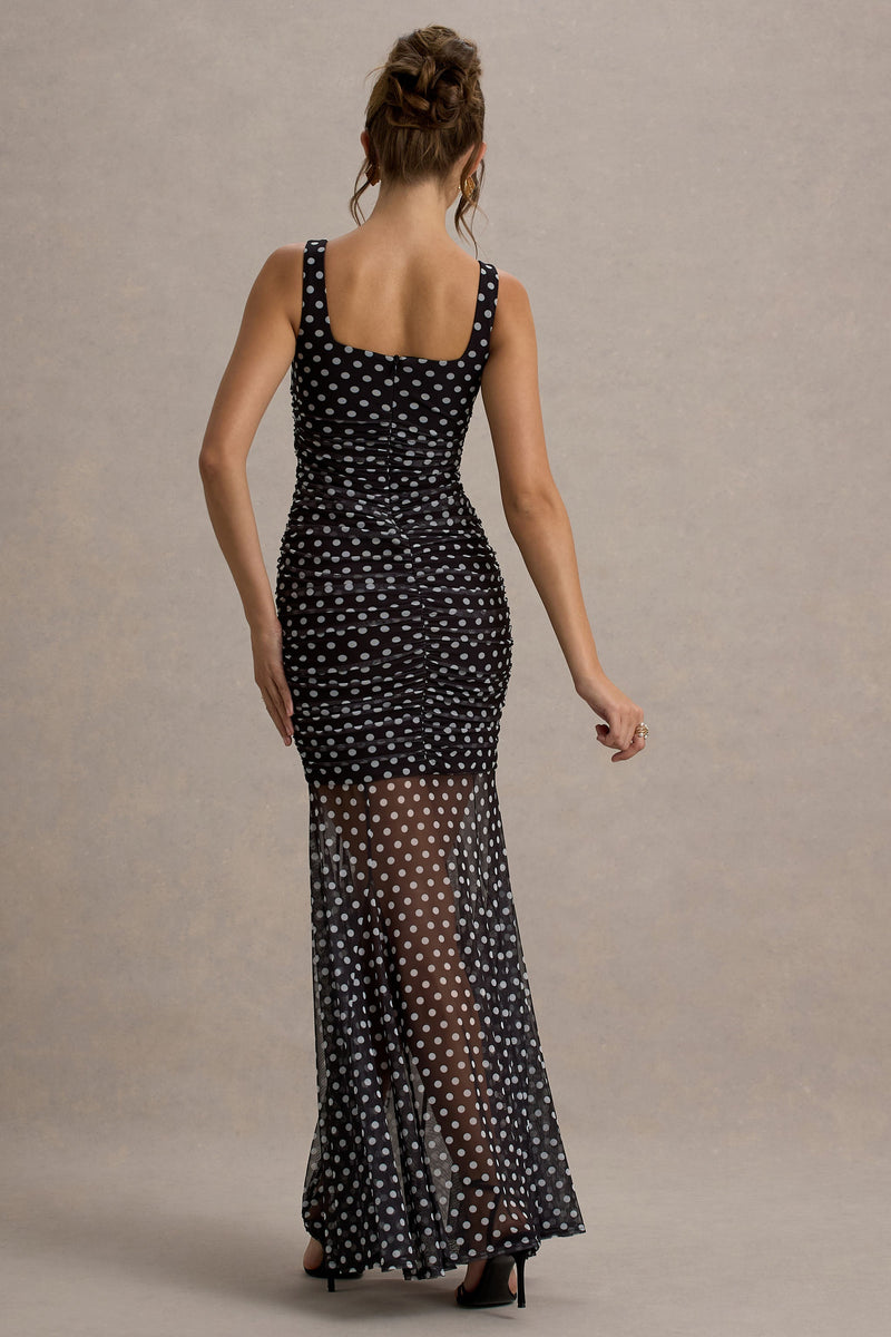 Galaxia Black & White Polka Dot Maxi Dress With Mesh Skirt – Club L
