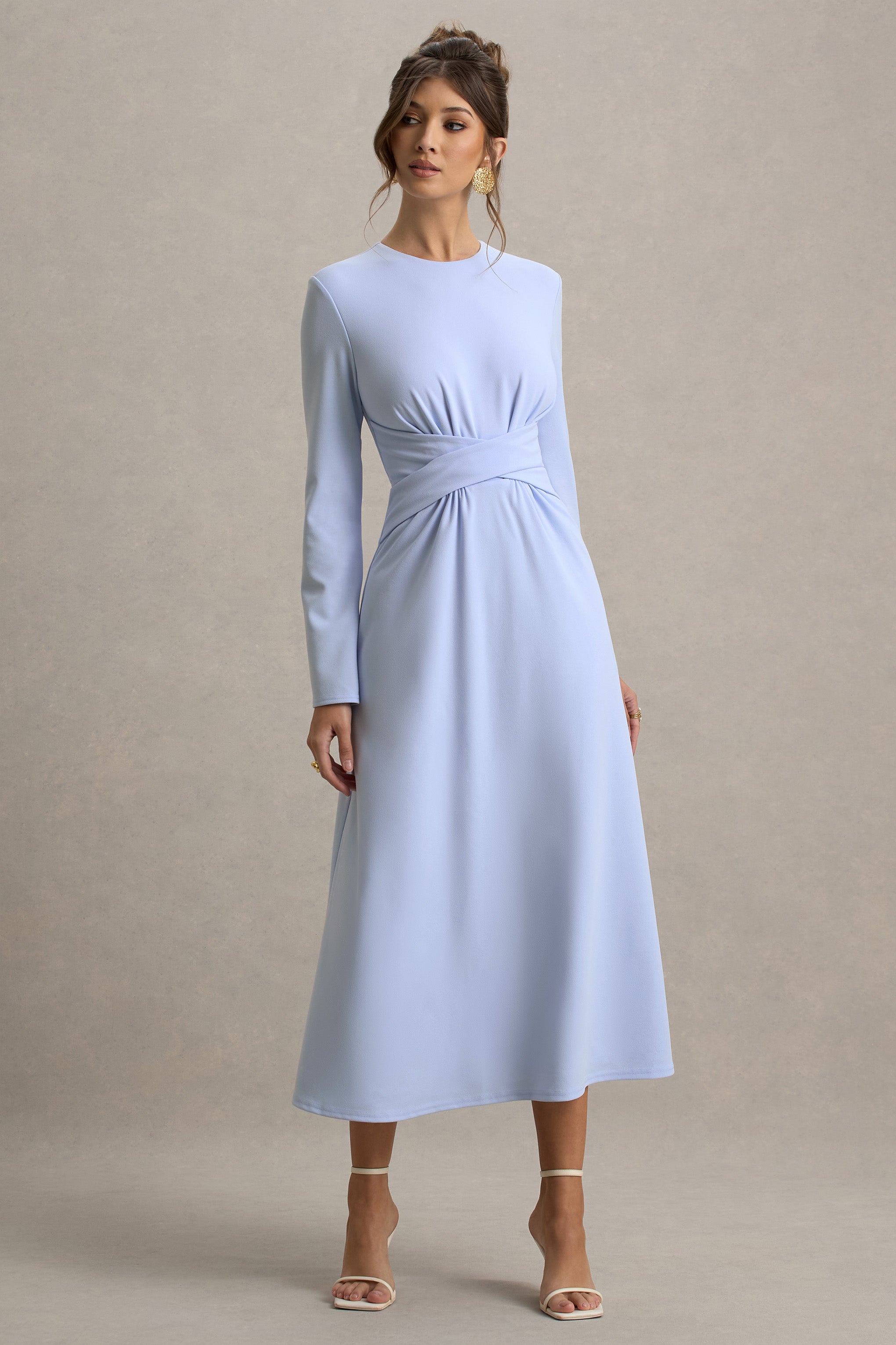 Cassiopeia | Light Blue Long-Sleeve Midi Dress With Cross Waist – Club L London
