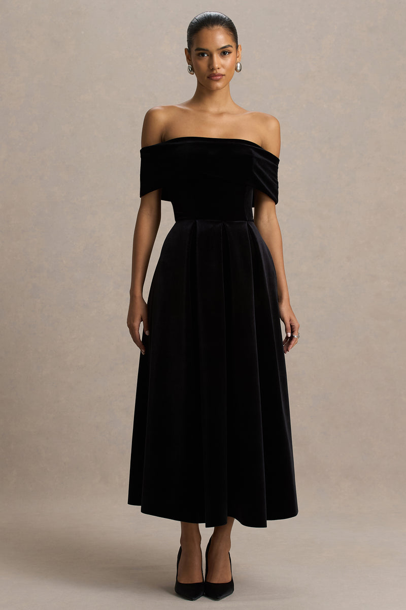 Ablaze | Black Velvet Bardot-Neck Midi Dress - UK 6 Black Ablaze | Black Velvet Bardot-Neck Midi Dress - UK 6 Black