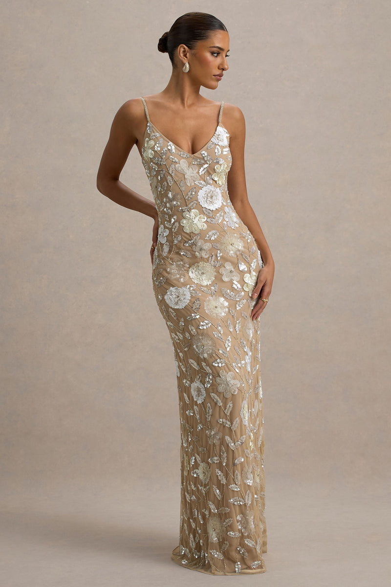 Gemini Floral Sequin Hand-Embellished Strappy Maxi Dress  Club L London -  USA