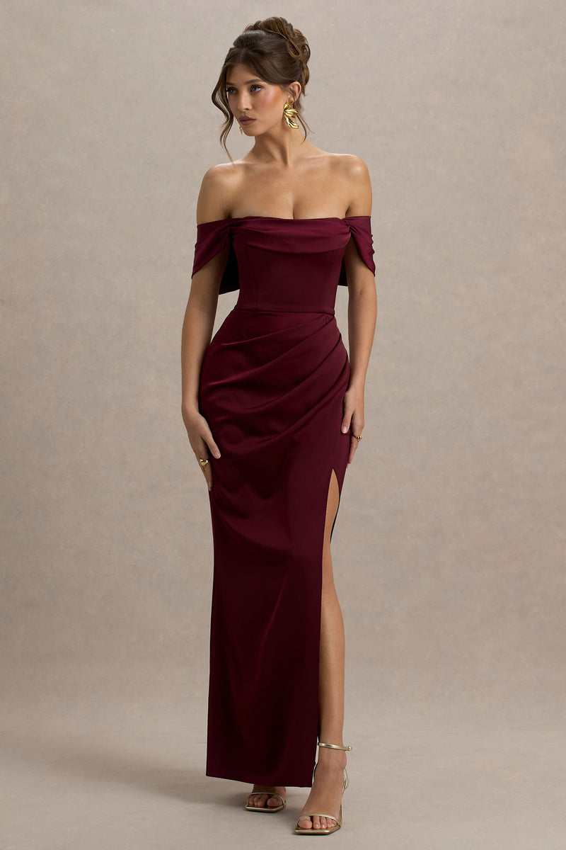 burgundy maxi dresses Annie Satin Bardot Dress With Split Wrap Skirt – Club L The most iconic looks dark Size:Tailor-made