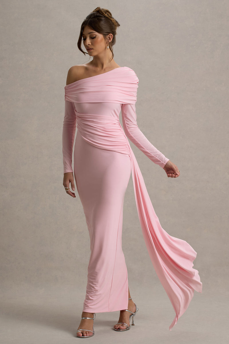 Valina | PINK Ruched Asymmetric Maxi Dress With Drape - UK 8 PINK Valina | PINK Ruched Asymmetric Maxi Dress With Drape - UK 8 PINK