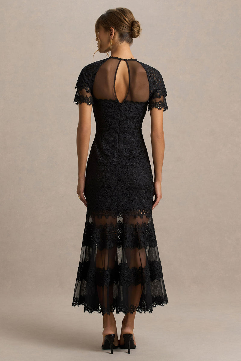 knee length dresses for ladies Leanne Black Mesh And Lace Crew-Neck Fishtail Midi Dress – Club L London