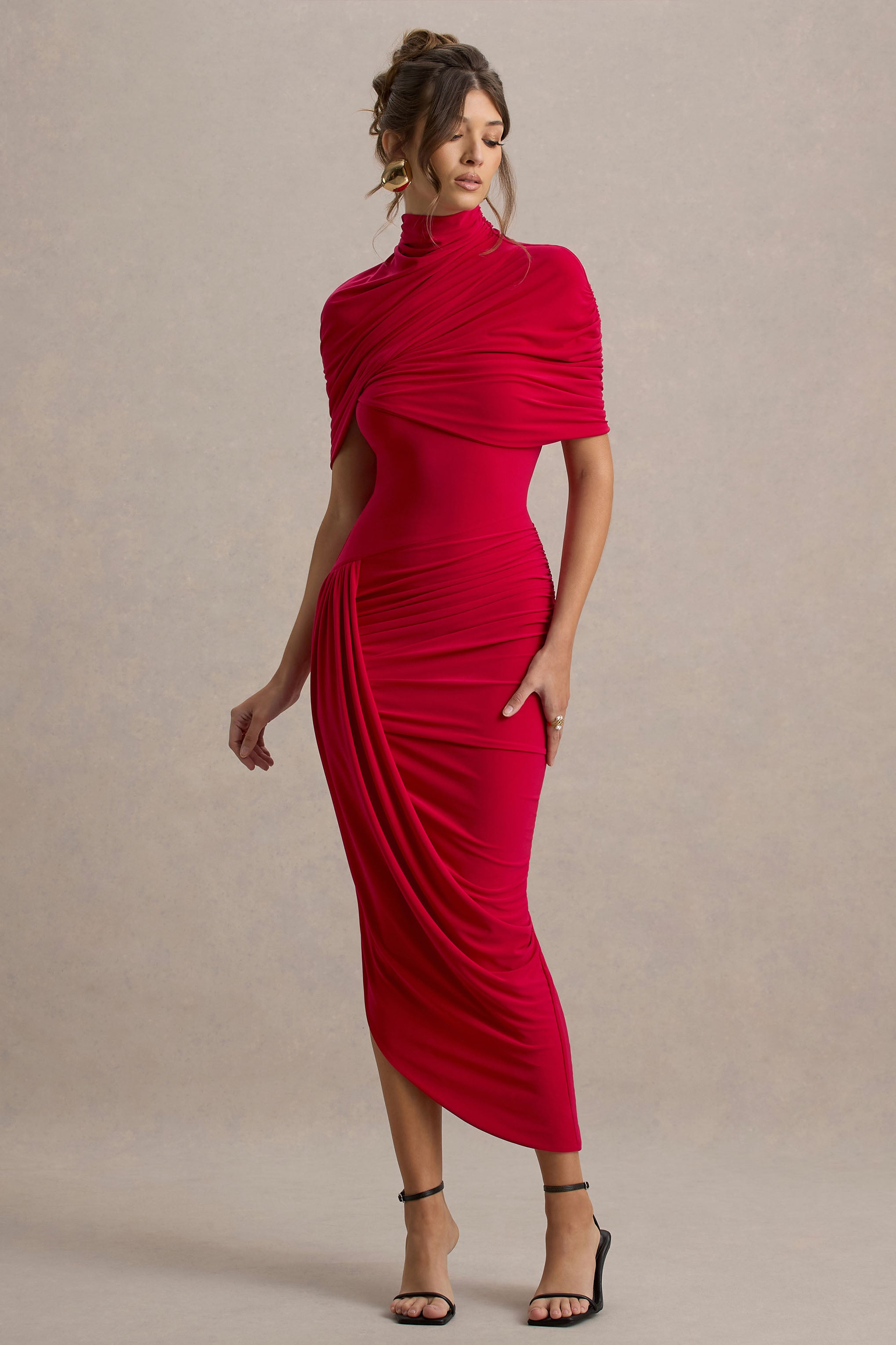 Enchant | RED Asymmetric Twisted Cape Midi Dress