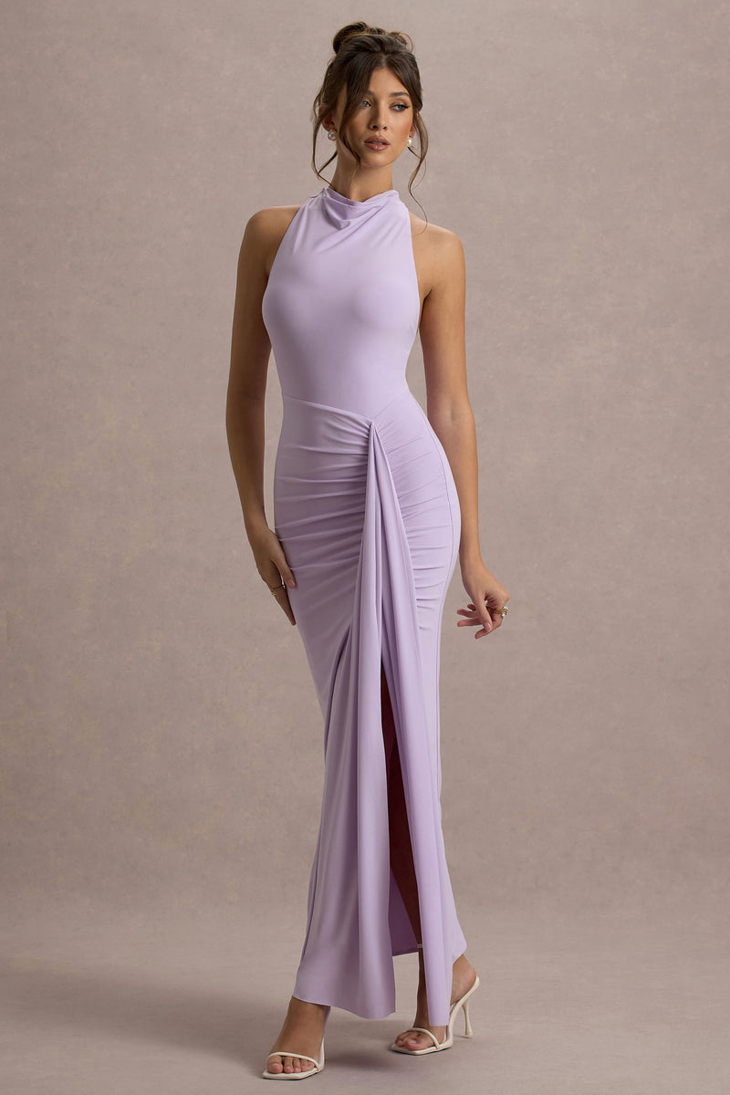 kira maxi dress in lilac line & dot Sunflower Lilac Ruched High-Neck Split Maxi Dress – Club L London