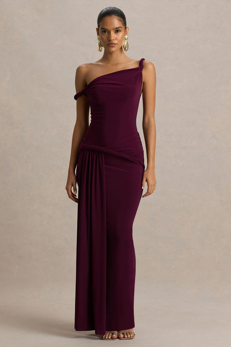 Tulisa | Green Asymmetric-Neck Maxi Dress With Twist Sleeves And Ruched Detailing