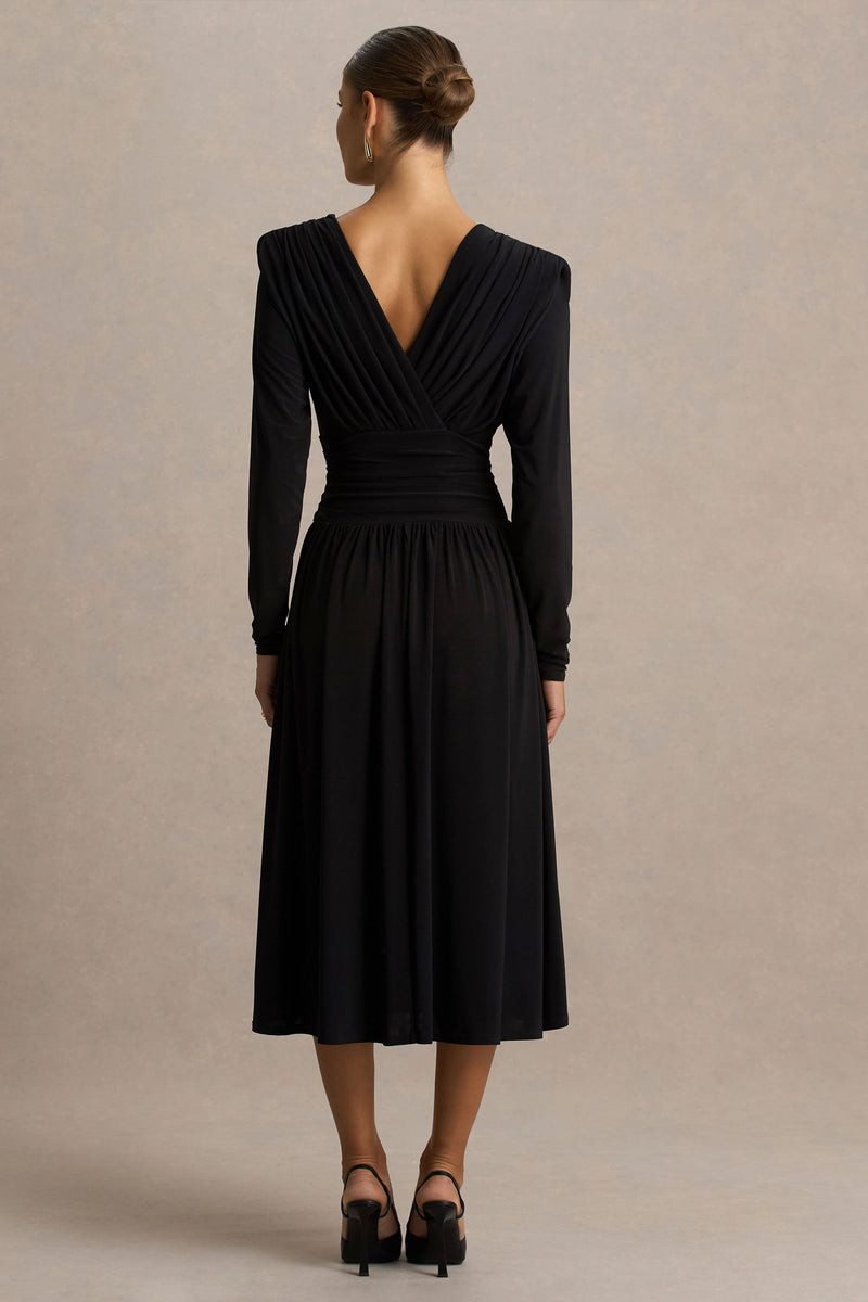 Alexis Black Plunge-Neck Midi Dress With Draped And Ruched Detailing