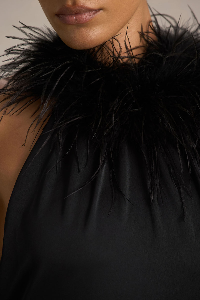 Jemima Black Satin Halter-Neck Maxi Dress With Feather Trim Club L London - USA Jemima Black Satin Halter-Neck Maxi Dress With Feather Trim Club L London - USA