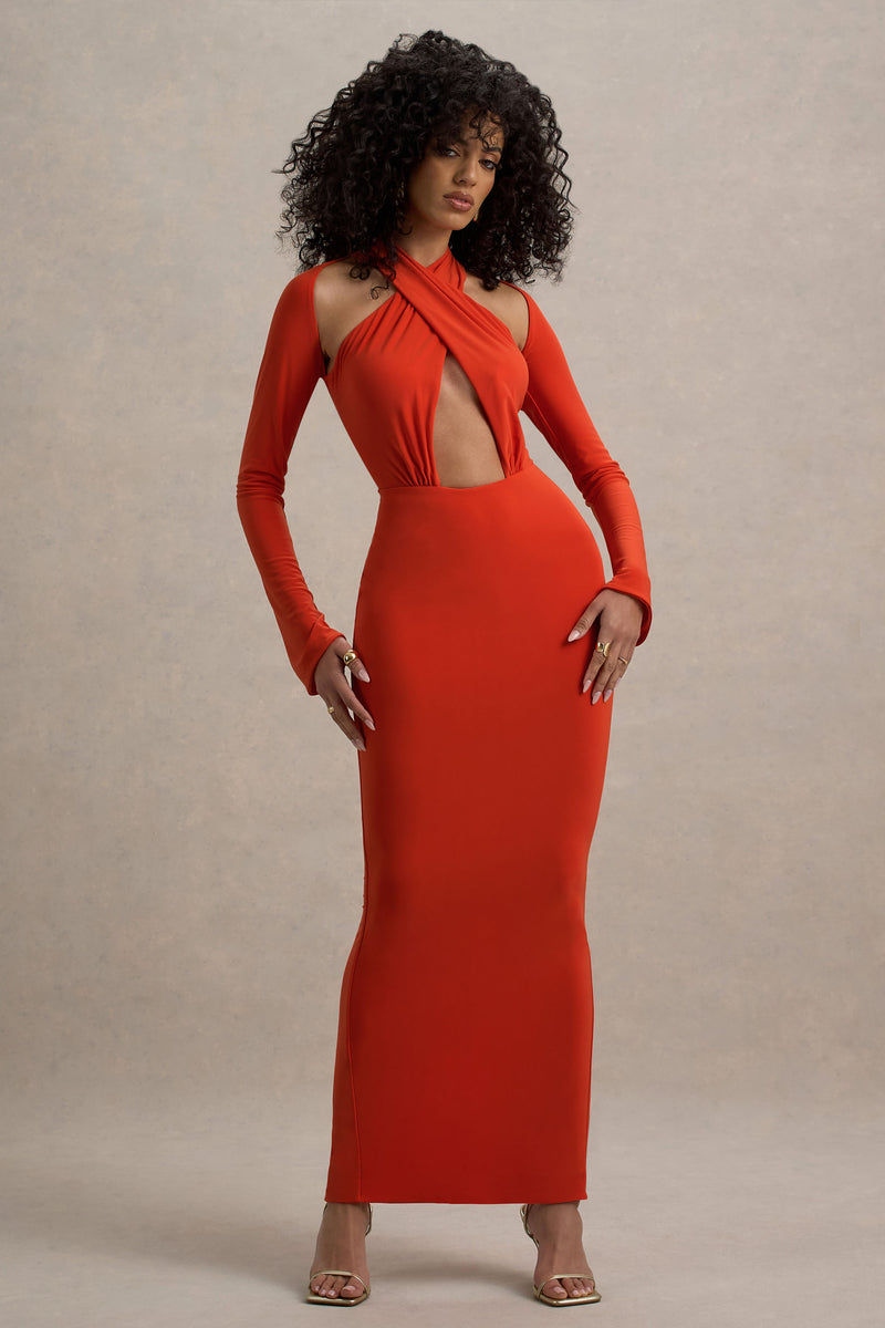 Gita Orange Halter-Neck Long-Sleeve Maxi Dress – Club L London