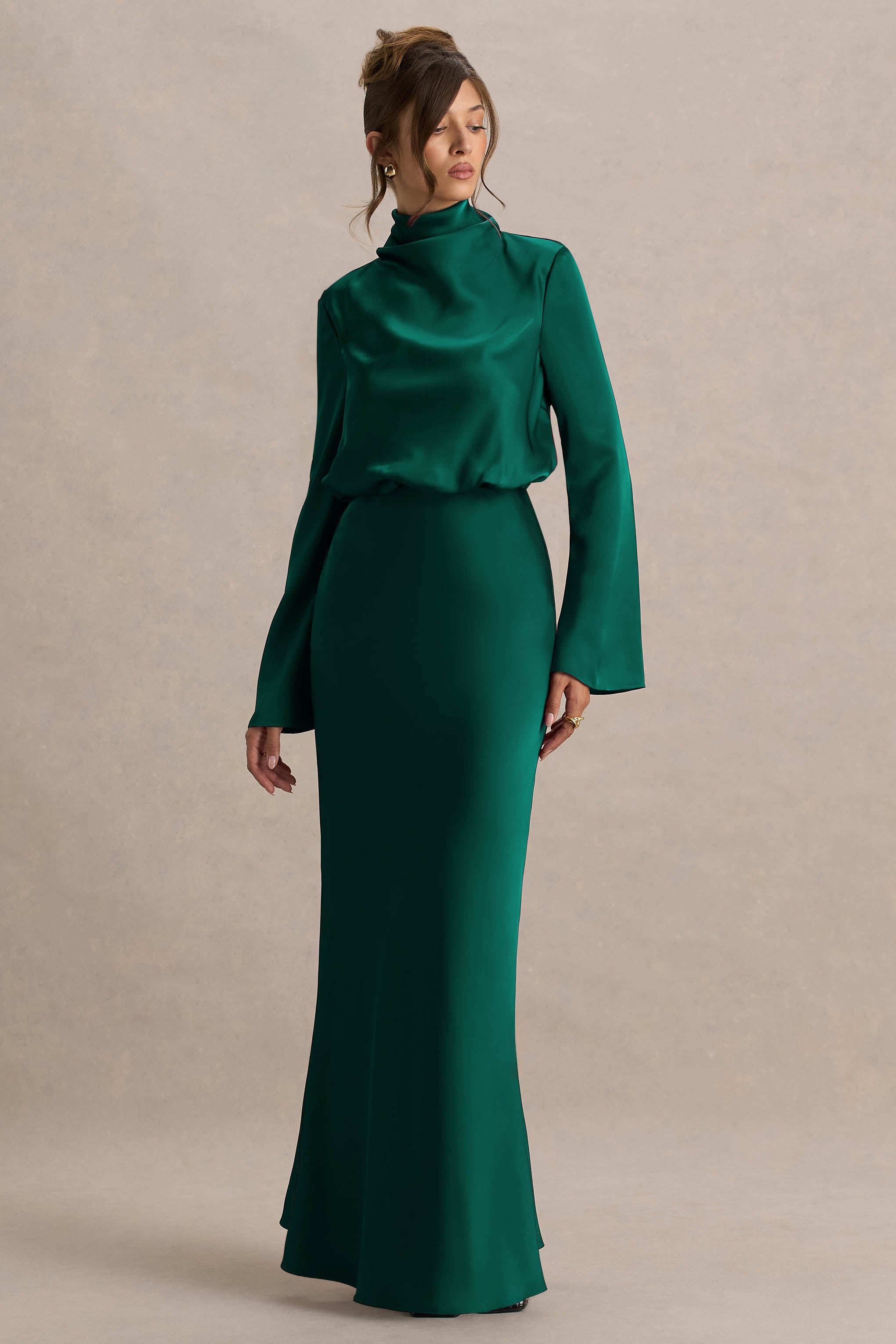Celina | Bottle Green Satin High-Neck Maxi Dress – Club L London