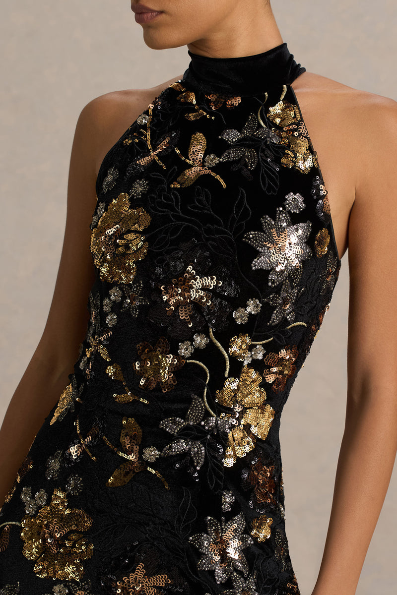 Tate | Black Velvet Halter-Neck Maxi Dress With Bronze Floral Sequin Embellishments Tate | Black Velvet Halter-Neck Maxi Dress With Bronze Floral Sequin Embellishments