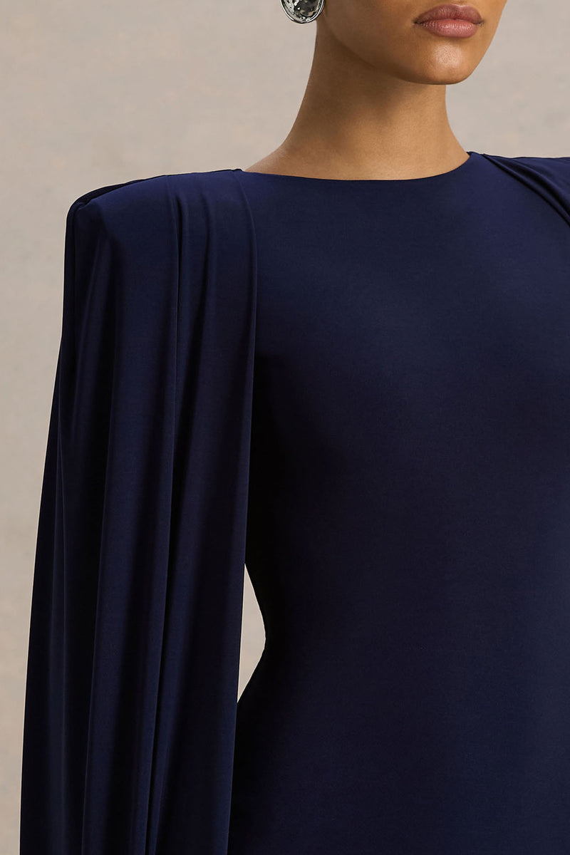 blue cap sleeve maxi dress Mimi | NAVY High-Neck Maxi Dress With Cape Sleeve Detail