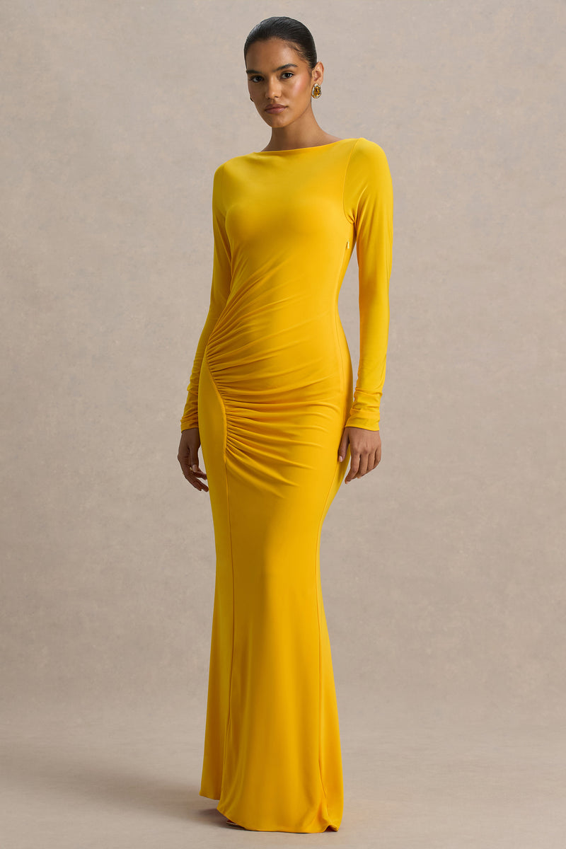 Diva Yellow Slashed-Neck Maxi Dress With Ruched Detailing Club L London - USA Diva Yellow Slashed-Neck Maxi Dress With Ruched Detailing Club L London - USA