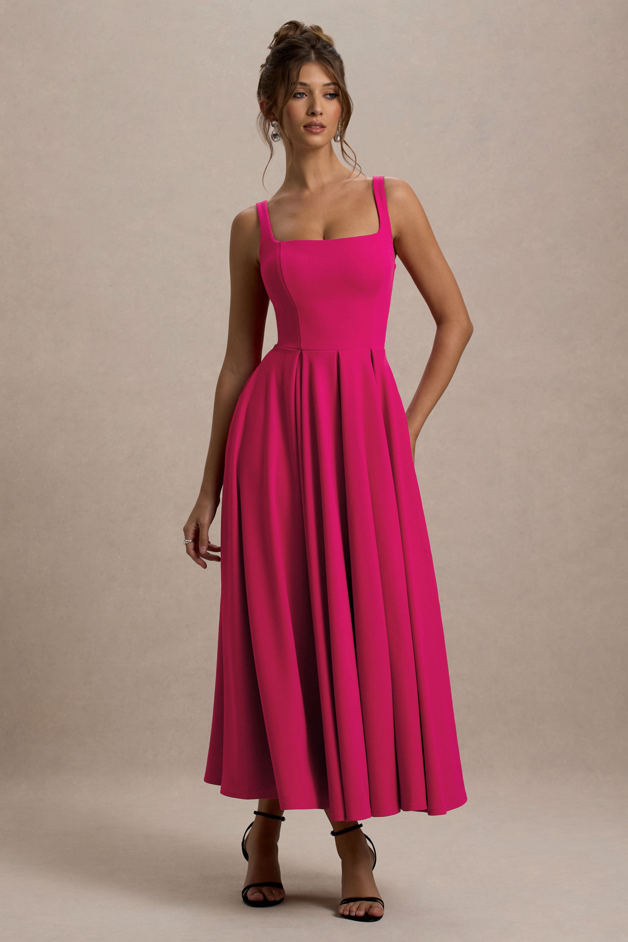 Parina | Hot Pink Strappy Volume-Hem Midi Dress – Club L London - USA