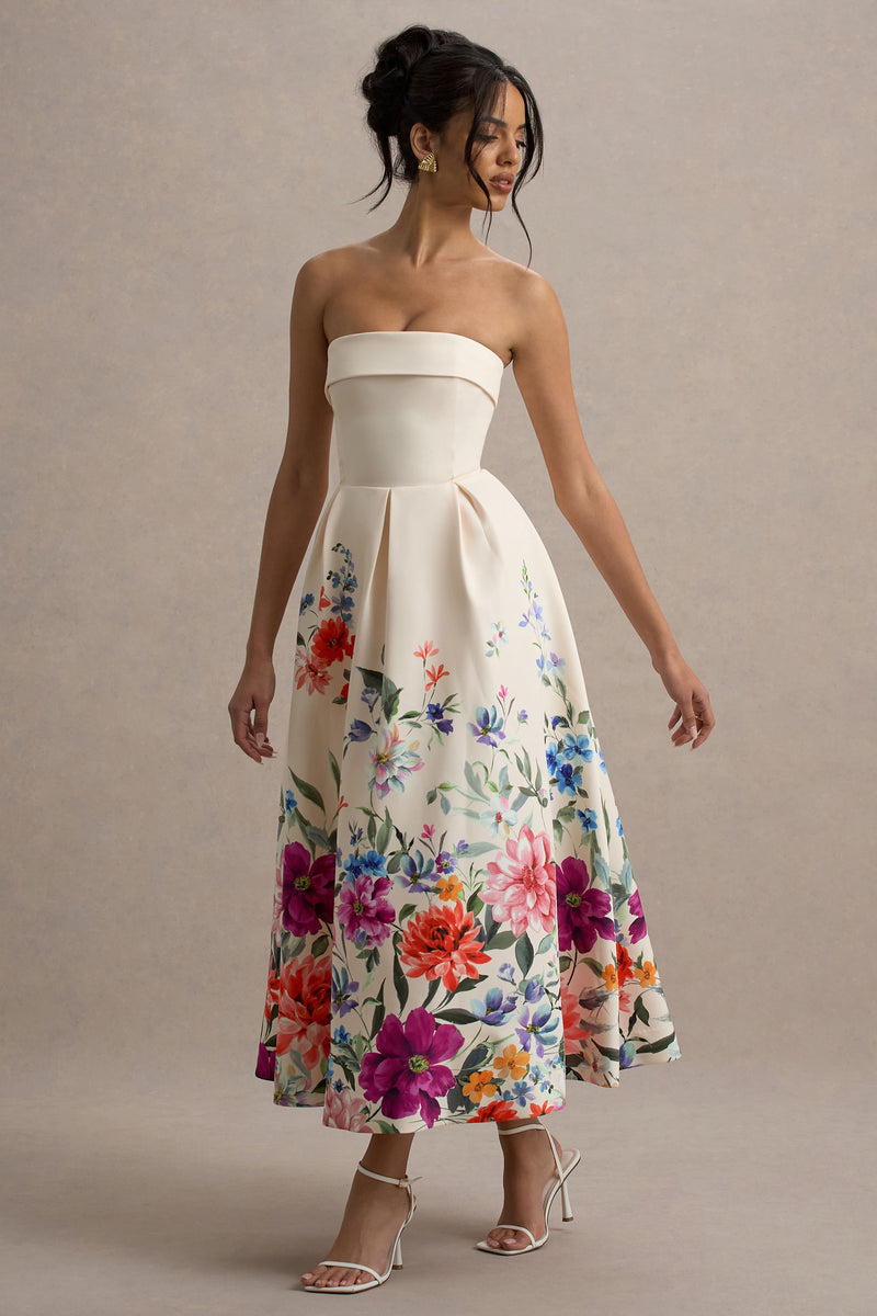 Annalise Light Pink Floral Print Bandeau Skater Midi Dress – Club L London Annalise Light Pink Floral Print Bandeau Skater Midi Dress – Club L London